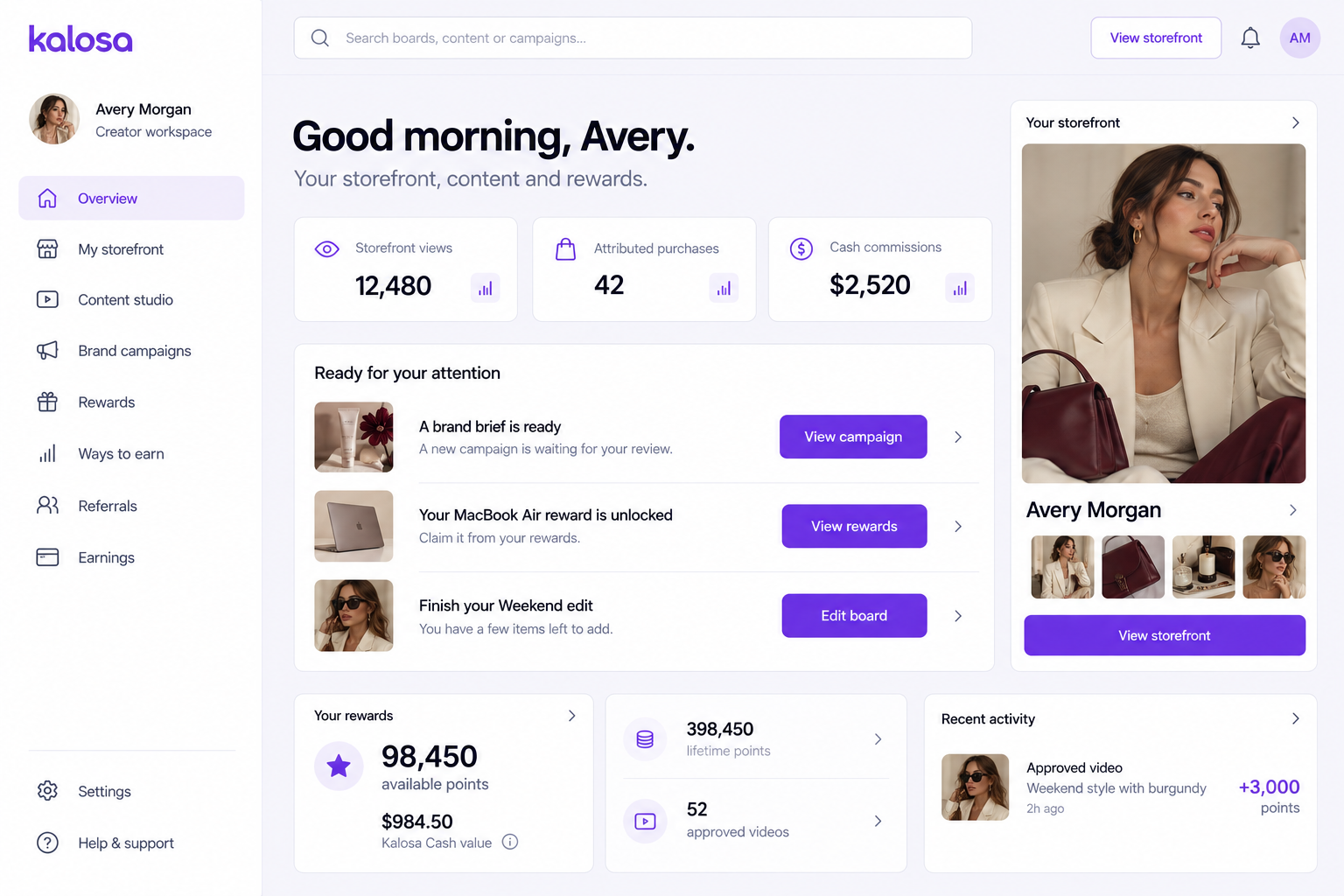 Kalosa creator workspace design with a storefront, content follow-up and separate rewards balances