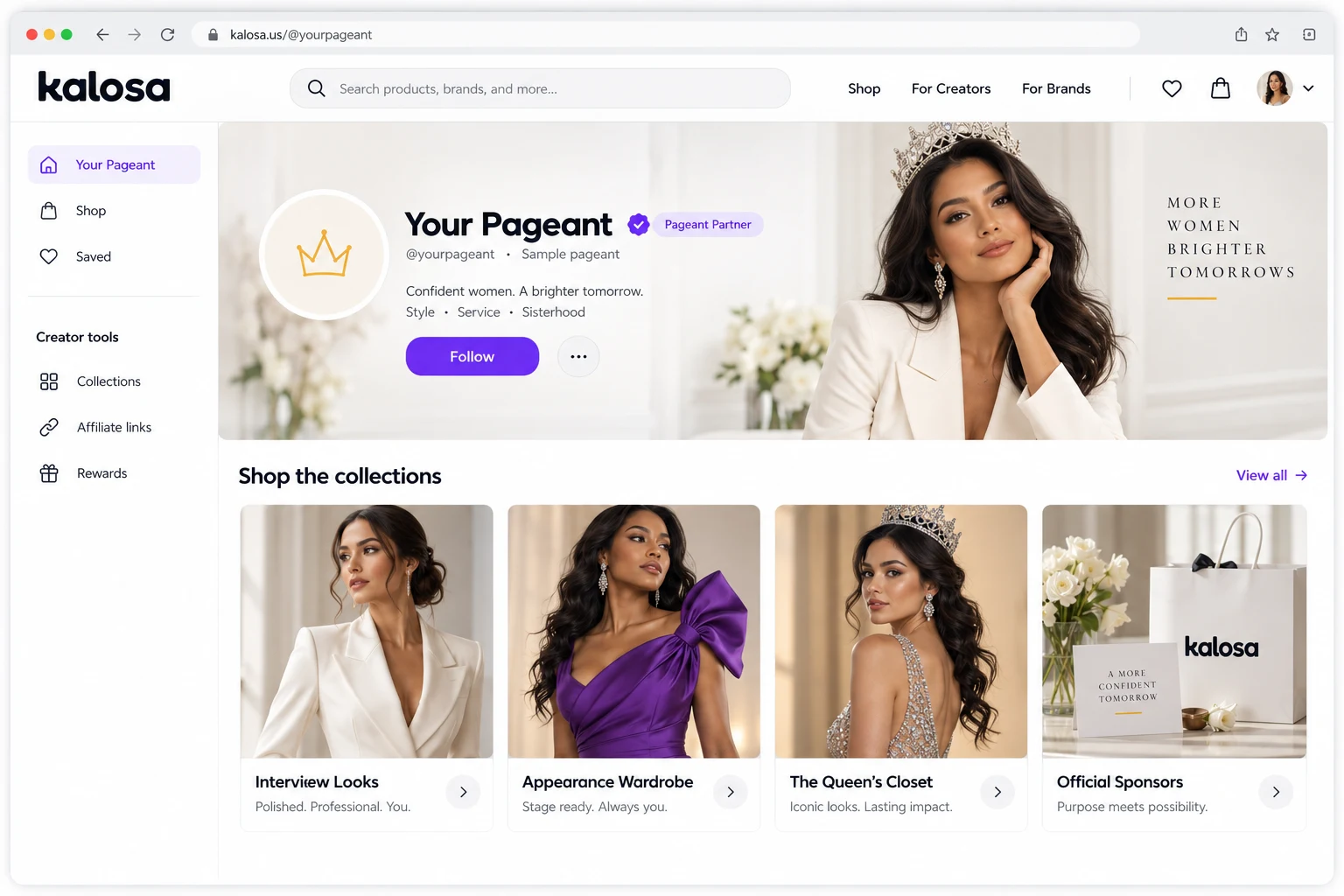 Pageant creator page concept featuring interview looks, appearance wardrobe and sponsor collections