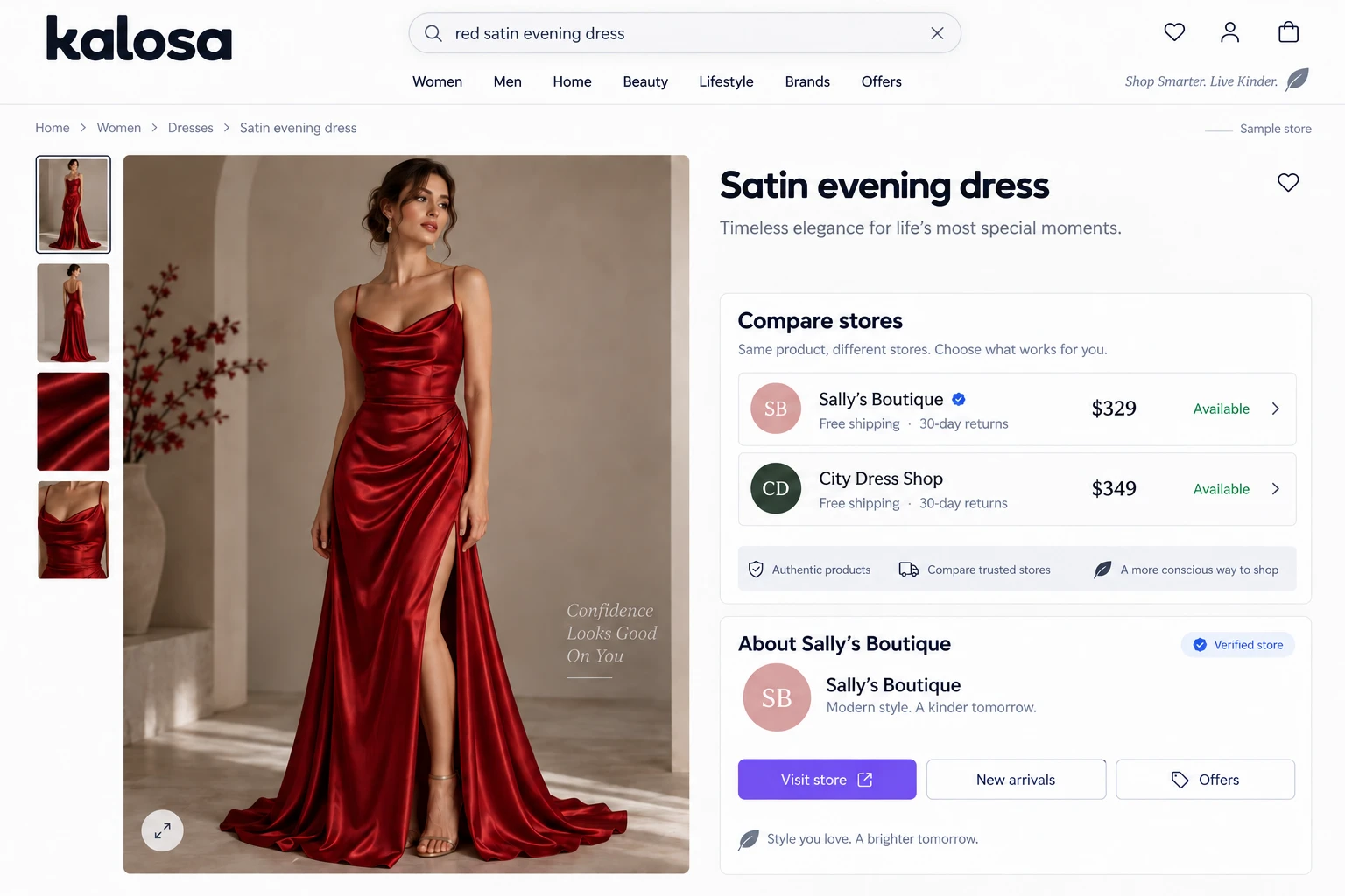Retailer experience concept showing a red dress with offers from example stores